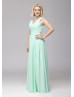 V Neck Mint Green Pleated Chiffon Fashion Bridesmaid Dress